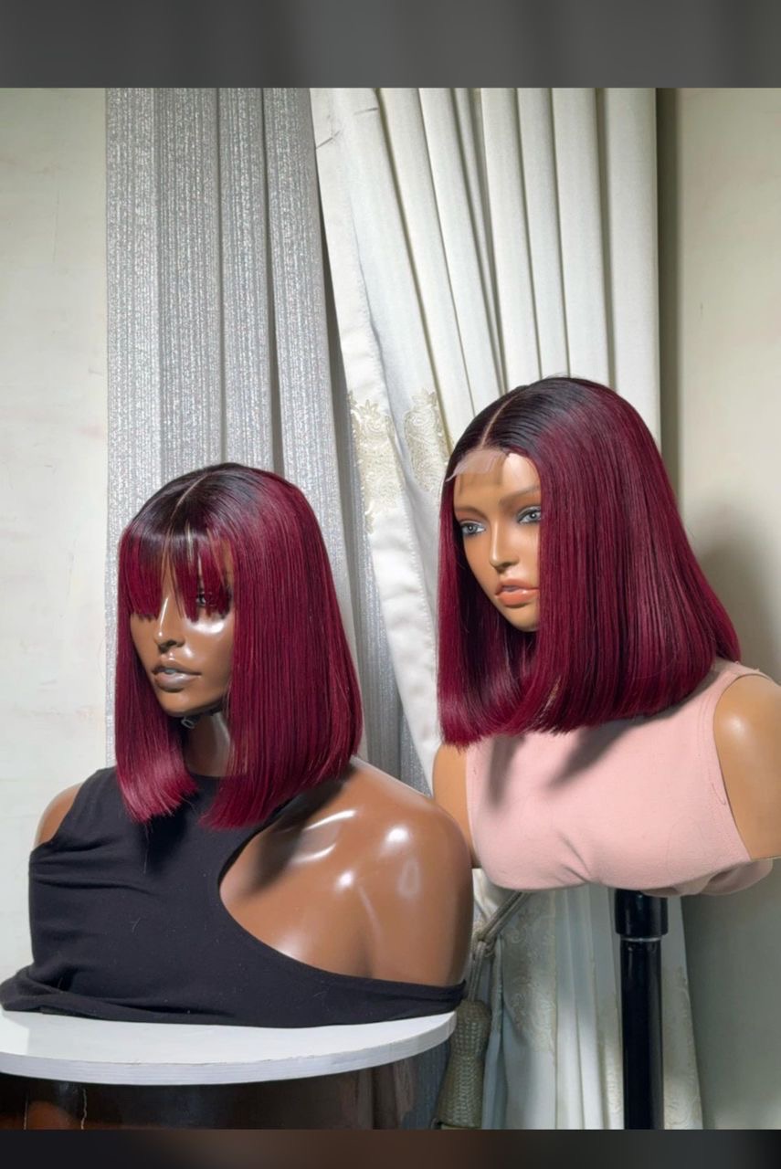 8” Factory wigged Dark-root burgundy fringe bonestraight