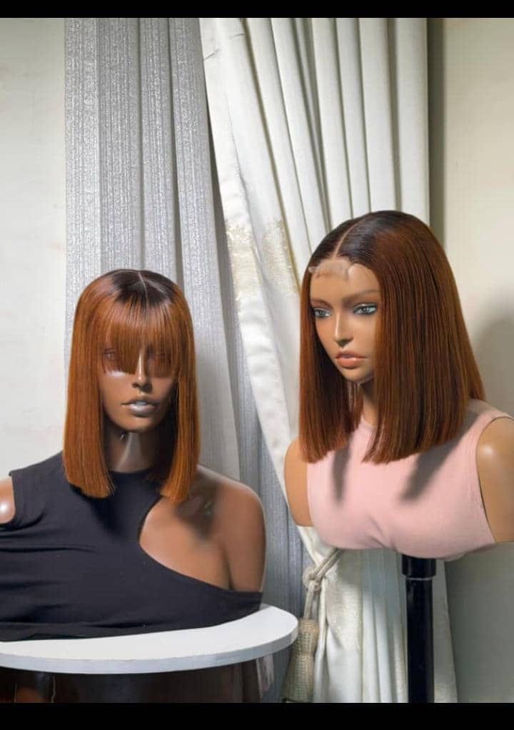 8” Factory wigged Dark-root burgundy chestnut fringe bonestraight